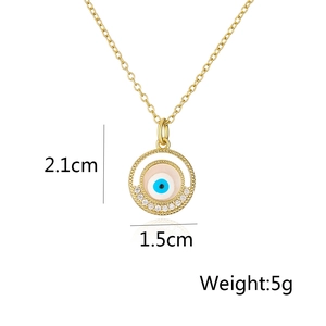 Detailed view of evil eye pendant showing 2.1cm height and 1.5cm width measurements