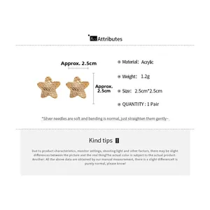 Detailed view of gold star acrylic earrings with dimensions and silver needle specs