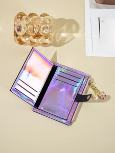Slim holographic purple wallet for women featuring multiple card slots and floral charm