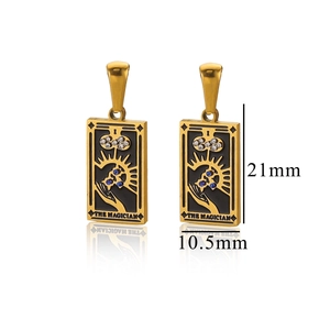 Detail view of Magician Tarot card earrings with gold finish and rhinestone accents