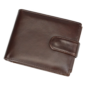 Detailed view of genuine dark brown leather trifold wallet with vintage texture and strap closure