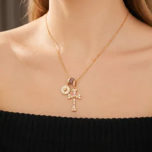 18k gold plated double pendant necklace with mother of pearl cross and zircon star