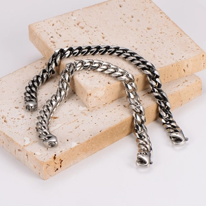 Men Cuban Link Bracelet 304 Stainless Steel Heavy Curb Chain Hip Hop Streetwear Polished Silver Vintage Black Jewelry