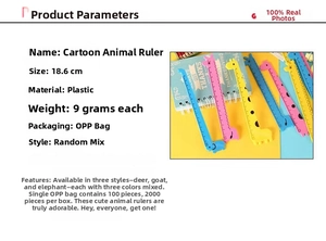 Detailed view of cute cartoon giraffe and elephant animal shaped plastic 15cm school rulers