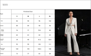 Detailed size chart for hollow out blazer and rhinestone pants suit in S to XL sizes