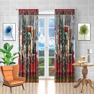 Detailed Christmas curtains featuring red vintage truck and golden retrievers pattern