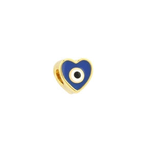 Macro detail of heart-shaped evil eye pendant with 18K gold plating and blue enamel finish