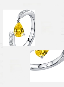 Macro detail of S925 sterling silver stamp and 5A yellow pear-shaped zircon ring