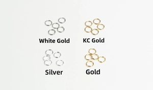 Detail of DIY jewelry jump rings in four metallic finishes including gold and silver
