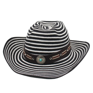 Striped woven western cowboy straw hat with turquoise buckle and wide brim for sun protection