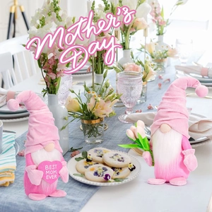 Detail of pink plush Mother's Day gnomes with Best Mom Ever heart and tulip decor