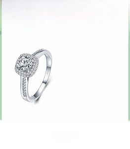 Macro shot of S925 sterling silver ring with square-cut cubic zirconia and pavé settings