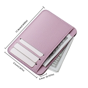Slim purple lychee leather card holder showing dimensions 11.8cm x 8.3cm x 0.4cm