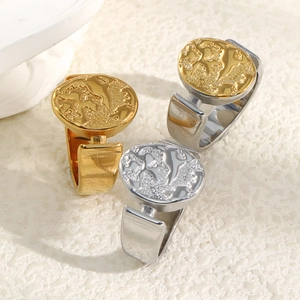 Detailed macro view of 18K gold and silver rings with embossed world map texture