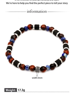 Detailed view of 5mm beaded bracelet with red tiger eye, lapis lazuli and volcanic rock