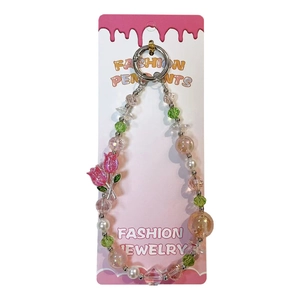 Exquisite crystal tulip beaded phone strap with pink floral charms and pearls