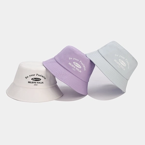 Cotton bucket hats with letter patterns in white, lavender, and light blue colors