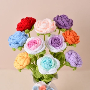 Handmade Crochet Flowers Yarn Rose Artificial Tulip Sunflower Heart Branch Home Decor Knitted Simulation Bouquet Gift