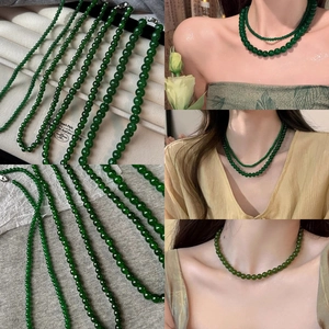 Retro Beaded Necklace With Faux Artificial Pearl And Green Glass Beads Elegant Clavicle Chain For Women Fashion Jewelry