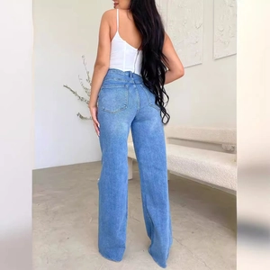 Women's high waist ripped wide leg denim jeans with back pockets shown from a back view