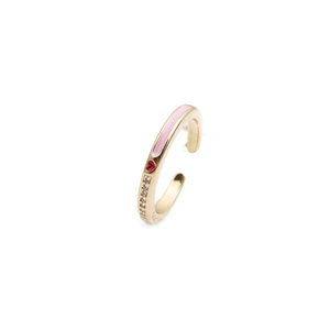 Minimalist gold plated open ring featuring pink and red enamel hearts with zircon accents