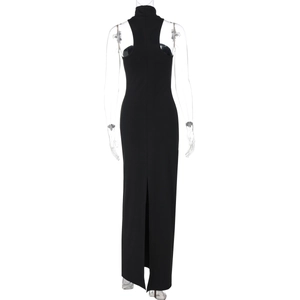 Rear view of sleek black high neck sleeveless slim fit dress with high back slit detail