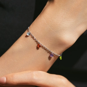 Minimalist S925 sterling silver chain bracelet with colorful crystal charms on wrist