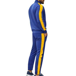 Rear view of men's navy tracksuit set with vibrant yellow stripes on sleeves and legs