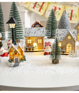 Cozy glowing Christmas village miniatures with LED wooden cabin and tiny snow trees