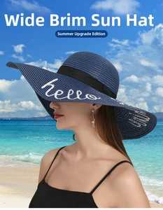 Detail of wide brim straw hat featuring navy blue woven texture and Hello embroidery