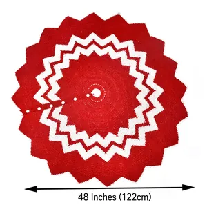 48 inch red and white zigzag knitted Christmas tree skirt with button closures