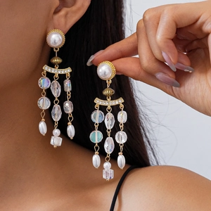 Vintage style gold tassel earrings with pearls and crystal beads for women