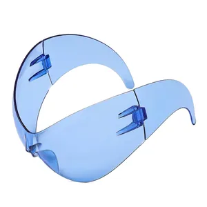 Y2K futuristic blue wrap around sunglasses with large visor shield and transparent frame