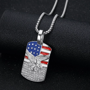 Hip-hop stainless steel American flag eagle dog tag necklace with rhinestones