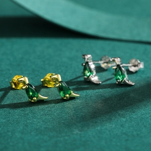 Cute S925 sterling silver dinosaur earrings with green gemstone in gold and silver finish