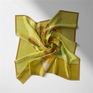 Van Gogh sunflower oil painting silk scarf with yellow floral pattern on white background