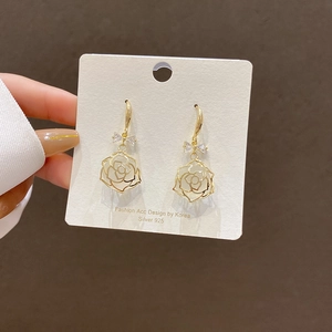 Elegant gold rose hollow drop earrings with zircon bow and S925 silver needles