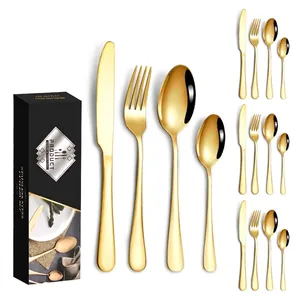 Detail view of 16-piece gold stainless steel cutlery set with minimalist black gift box