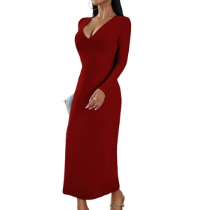 Elegante abito rosso a maniche lunghe con scollo a V e vestibilità slim da donna midi