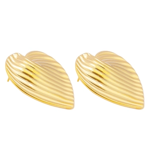 Detailed view of 18K gold plated heart earrings with unique vertical pleated texture