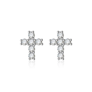 Sparkling S925 sterling silver cross stud earrings with round moissanite in claw setting