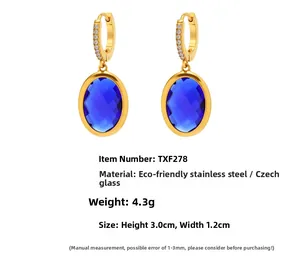 Detail view of blue Czech glass earrings showing 3.0cm height and 1.2cm width dimensions