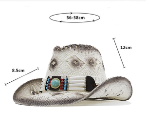 Handwoven straw cowboy hat with turquoise beads and size dimensions 56-58cm