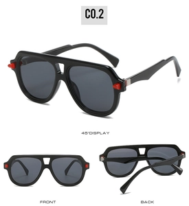 Vues détaillées de lunettes aviateur noires avec charnières en métal triangle rouge