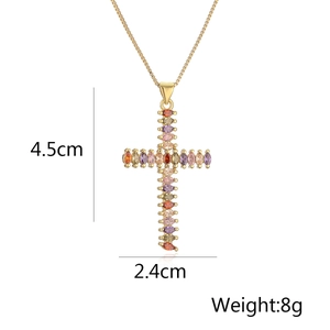 Detailed view of colorful zircon cross pendant necklace with precise size and weight dimensions