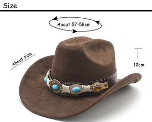 Detailed size guide of the brown suede cowboy hat with turquoise western ornaments
