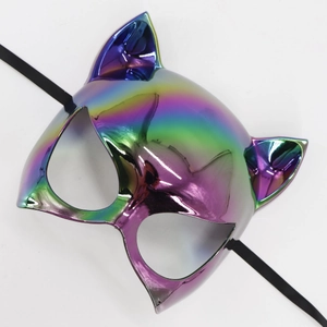 Detailed close-up of iridescent metallic cat mask with vibrant rainbow gradient finish