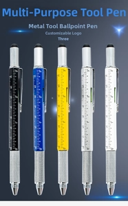 Five colors of 6-in-1 multi-functional metal tool pens with ruler and level functions