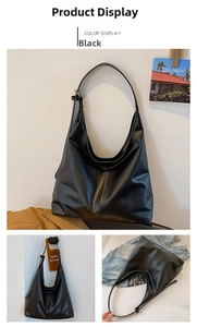 Detailed views of a black PU leather hobo bag showing adjustable strap and stitching detail