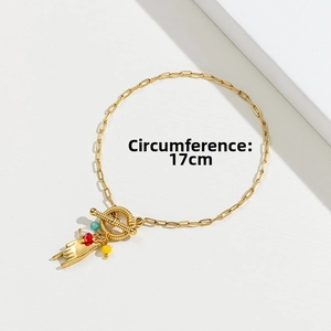 Detail of gold OT buckle bracelet with palm charm and colorful stone beads, length 17cm
